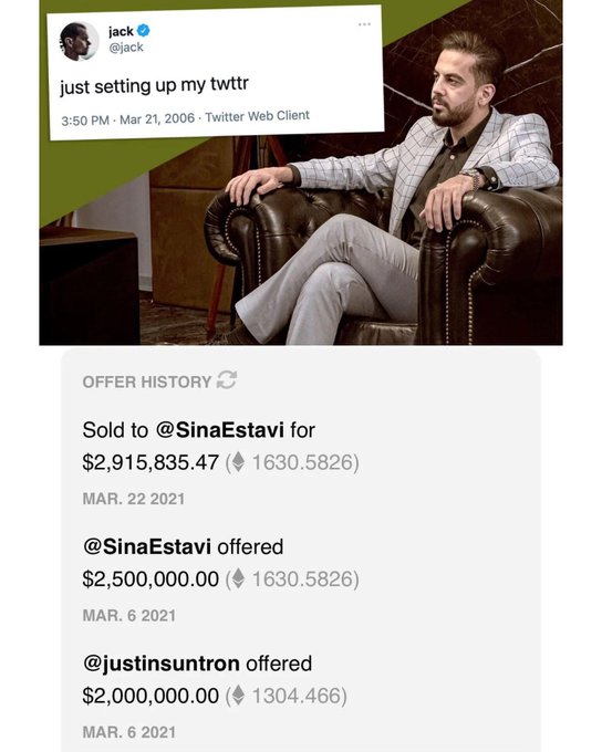 The image features a post about a man sitting in a chair with his legs crossed, appearing to be taking a break. The post includes text from multiple accounts like @jack, who wrote "Just setting up my twtr", and @SinaEstavili, who offered a price of $2.85M for the first tweet NFT. The caption also mentions that the post was posted on March 6th, 2021 at 3:50 pm. This suggests the context of a social media post discussing an auction item worth 2.85 million dollars and offering it to someone named @jack on April 6th.