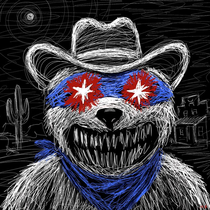 A digital illustration of a snarling bear wearing a cowboy hat, a blue bandana, and sunglasses that display a Chicago flag pattern, set against a black background with scribbled white outlines of cacti and a desert landscape.