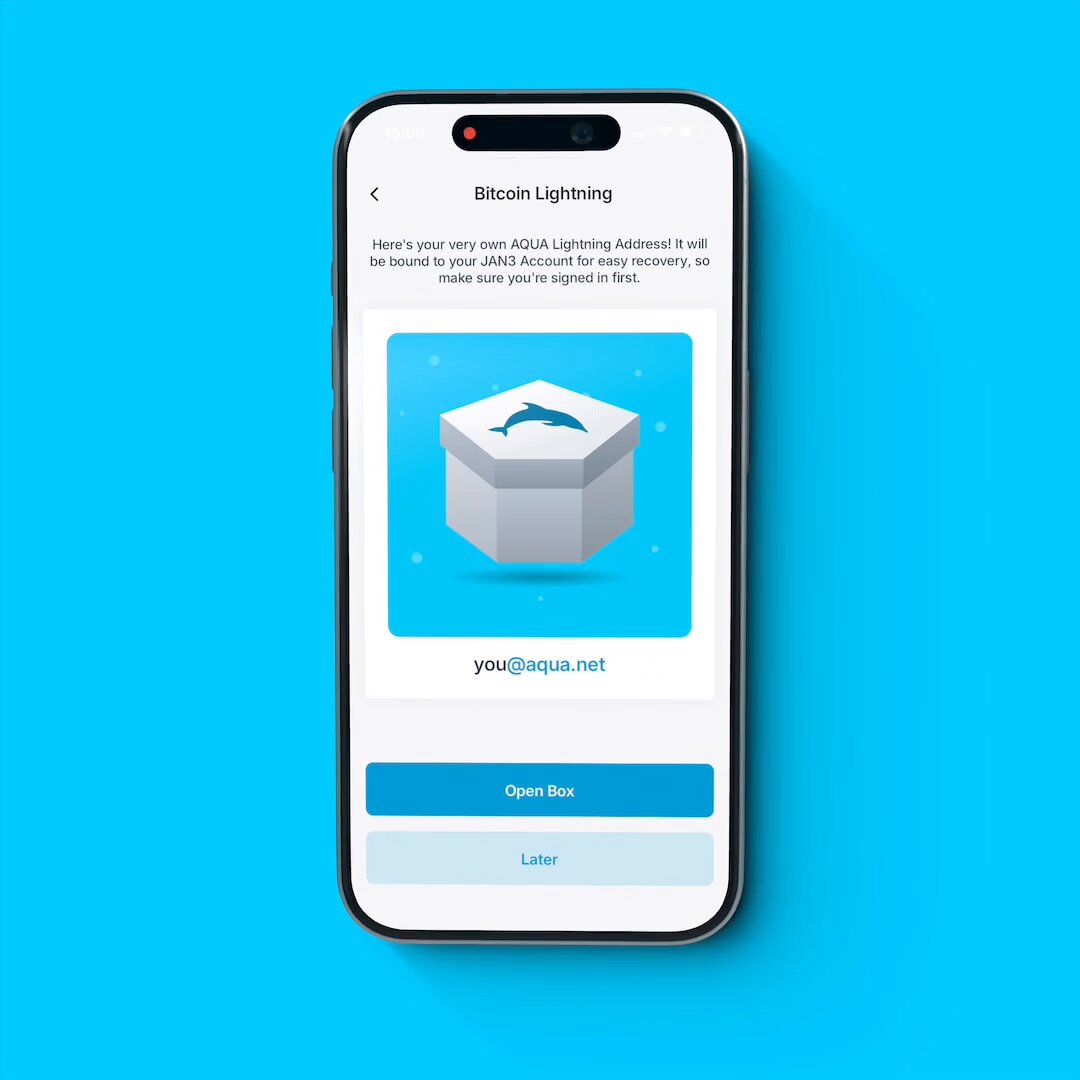 The image shows a smartphone screen displaying an app called "AQUA Lightning" that allows users to receive Bitcoin without setting an initial amount. The phone's screen also displays a message about lightning addresses, stating that they are now live and can be used for Bitcoin transactions. The background of the image is blue, which complements the white text on the screen.