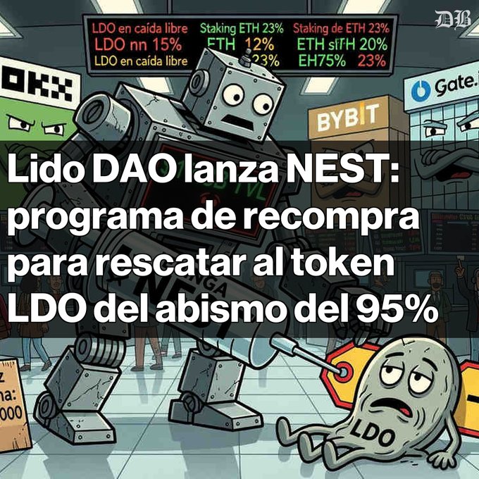A Spanish-language crypto news graphic from 'DB' with the headline 'Lido DAO lanza NEST: programa de recompra para rescatar al token LDO del abismo del 95%', featuring a cartoon robot attacking a sad LDO token character amidst a stock market setting.