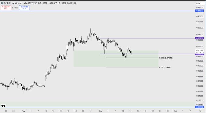 A financial chart for 'Rbitta by Virtuals' showing crypto price action with support/resistance levels marked, including Fibonacci levels 0.618 and 0.75.