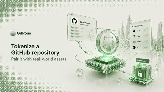 A promotional graphic for 'GitPons' reads 'Tokenize a GitHub repository. Pair it with real-world assets,' showing an illustration connecting a GitHub page and stock assets like AAPL, TSLA, NVDA, and SPY to an Owner Vault.