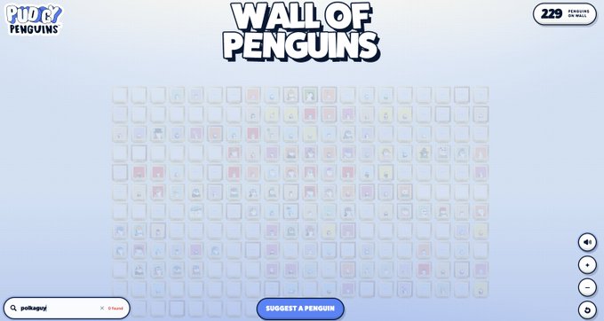 The 'WALL OF PENGUINS' website displays a grid containing 229 penguin profiles with a search bar showing 'polkapop' and a 'SUGGEST A PENGUIN' button.