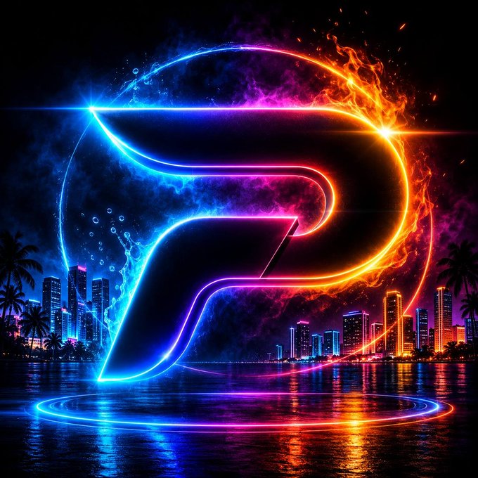 A vibrant neon-style digital artwork featuring a stylized 'P' logo glowing with blue, pink, and orange flame effects against a nighttime city skyline reflected on water.