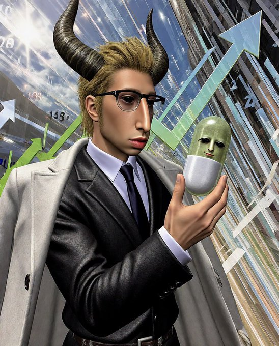A bespectacled figure in a suit with bull horns examines a green pill featuring a serene expression, surrounded by upward-trending arrows and stock charts. The image visually reinforces the post's tongue-in-cheek conspiracy about "$JONMUD" ascending via hidden numerological manipulation, using surreal financial imagery—bull horns symbolizing market optimism, the pill suggesting ingestion of the "red pill" truth, and the rising charts implying the promised dimensional leap in valuation.
