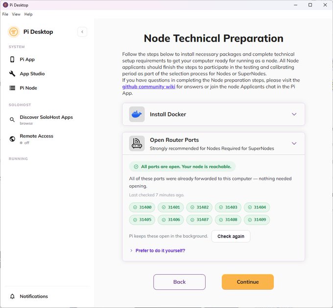 Screenshot of Pi Desktop app showing 'Node Technical Preparation' page with completed tasks including Docker installation and Router Ports configuration (ports 31400-31409 open).