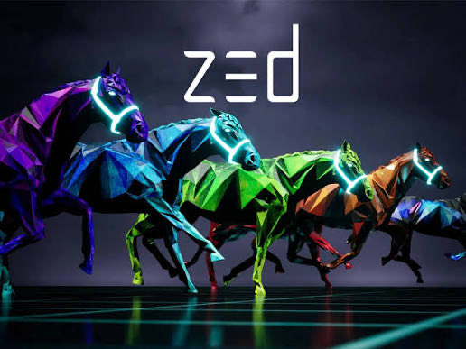 The image features four geometric, neon-lit horses in vibrant colors (purple, green, orange, and another shade) galloping across a dark grid background, with the "zed" logo prominently displayed in the center. The caption ties directly to the post about potentially relaunching ZED RUN on Linera, as the image showcases the stylized digital racehorses that are central to the NFT-based virtual horse racing platform.