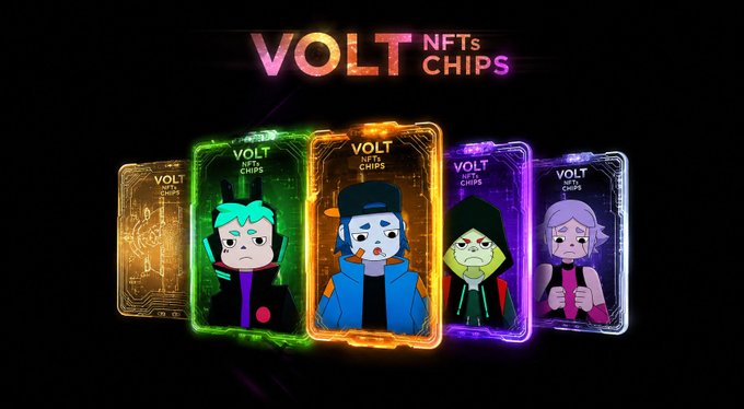 A promotional graphic for "VOLT NFTs CHIPS" featuring five glowing holographic trading cards with cartoon character illustrations on a black background.