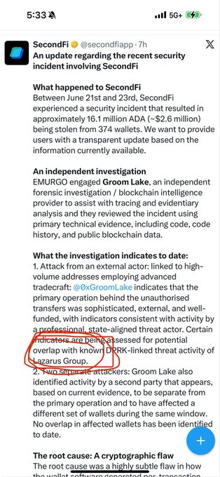 A screenshot of a SecondFi tweet reporting a security incident in which approximately $2.6 million (16.1 million ADA) was stolen from 374 wallets due to an external attack linked to a Lazarus Group (North Korea–affiliated) threat actor, with the caption "RIP" circled in red—referencing the "Did my PFP make sense weeks ago" post that predicted SecondFi would be hit by a Lazarus-linked attack.