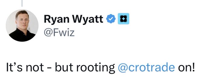 The image presents a screenshot of a Twitter post by a user named @Fwiz with the text "BREAKING: Cronos CEO @Fwiz just said he is rooting for @crotrade This is the type of leadership Cronos always needed and it looks like Ryan is ready to make it happen. When community and leadership align, they can move mountains". The tweet emphasizes that Ryan Wytatt's support has a strong connection with the Cronos CEO, who just tweeted about rooting for @crotrade. Additionally, the image uses a relevant hashtag related to the conversation around Cronos and @Fwiz, which further connects the post to this particular person on Twitter.