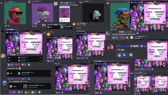 A collage of Discord screenshots showing various channels and listings for "ALPHA_GEMS" featuring pixel art monkeys, "ARGONAUTS" NFT cards with free mints, and users in voice chat rooms.