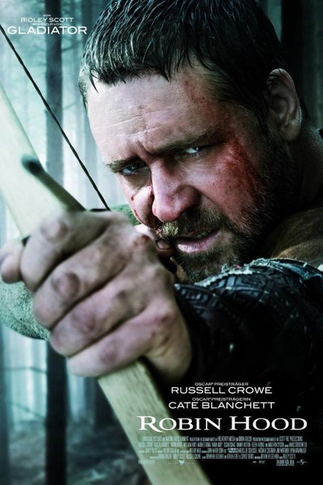 A movie poster for 'Robin Hood' shows Russell Crowe aiming a bow and arrow, with credits also listing Ridley Scott ('GLADIATOR') and Cate Blanchett.