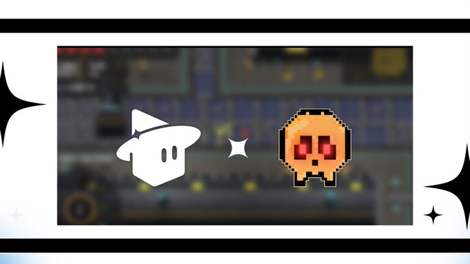 Two pixel-art characters—a white figure with a witch's hat and an orange skull-like monster—face off against a blurred game background, illustrating the monster spawning mechanics in the new dungeon survival game partnership between Magicblock and CryptaraConq, where VRF ensures provable fairness for every encounter.