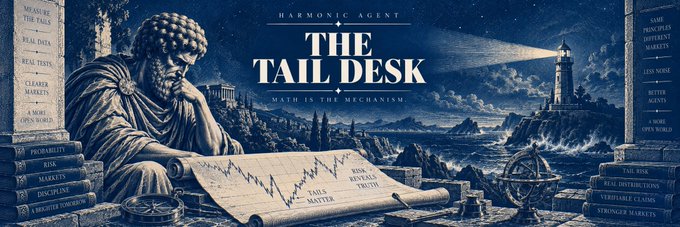 A dark blue-toned graphic titled "THE TAIL DESK" features a bearded classical statue next to a stock chart, with a lighthouse on a cliff in the background.