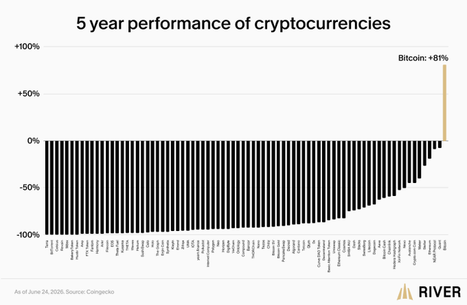 A bar chart titled '5 year performance of cryptocurrencies' shows most cryptocurrencies with significant losses, while Bitcoin stands out at +81%, sourced from Coingecko and dated June 24, 2026 by RIVER.