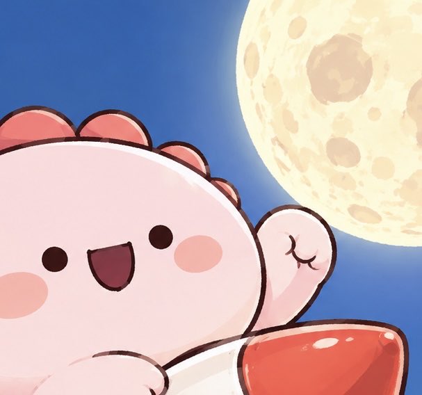 A cute pink cartoon axolotl waving next to a large full moon in a blue night sky.