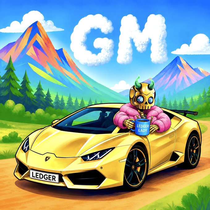 A vibrant digital illustration showing a skeletal character with a golden helmet and pink puffy jacket driving a yellow Lamborghini with 'LEDGER' license plates, with the text 'GM' in clouds above.