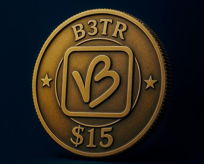 A golden commemorative-style coin featuring "B3TR" at the top, a stylized "V" logo in the center flanked by stars, and "$15" at the bottom, shown against a dark blue background. The image relates to the post's request asking Grok whether VeChain's $B3TR token could reach $0.5 this year, with the coin design representing the B3TR project.
