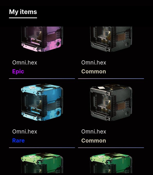 A digital inventory screen titled 'My items' showing four Omni.hex digital collectibles in different rarities: Epic (purple), Common, Rare (blue), and Common (green).