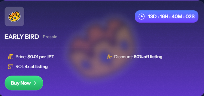 An Early Bird presale advertisement showing JPT tokens at $0.01 per token with 80% off listing discount, 4x ROI, and a countdown timer of 13 days.