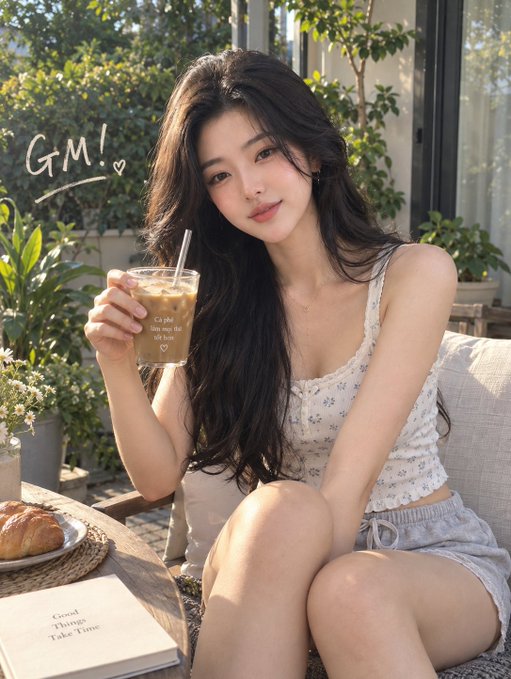 A woman with long dark hair smiles while holding an iced coffee in a cup labeled 'Cà phê fills my life with love,' with 'GM! ♥' written on the image.