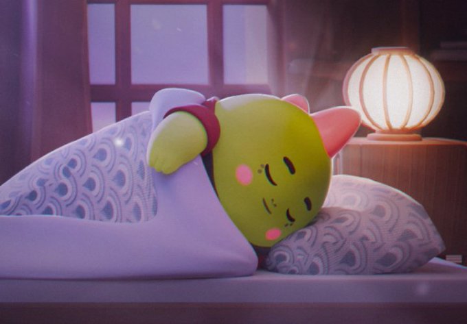 A 3D rendered image of a green, round-faced character tucked into a futon under a purple blanket in a dimly lit room with a glowing paper lantern.