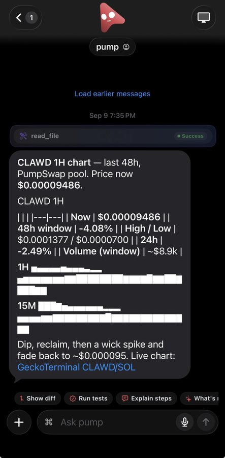A chat interface displaying a CLAWD 1H chart analysis from a PumpSwap pool, showing the price at $0.00009486 with a -4.08% 48h change.