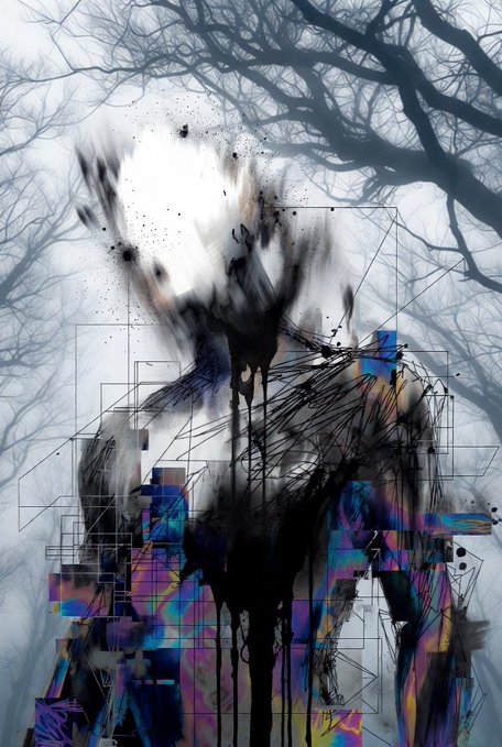 The image features a digital art piece that depicts an abstract representation of a person with their head tilted back, surrounded by trees. The artwork has a dark color scheme, which adds to its mysterious and intriguing nature. The artist's signature can be seen in the bottom right corner of the image.