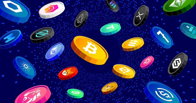 A vibrant digital illustration of various cryptocurrency coins, including Bitcoin, Ethereum, and XRP, floating against a dark blue background with a digital dot matrix pattern.