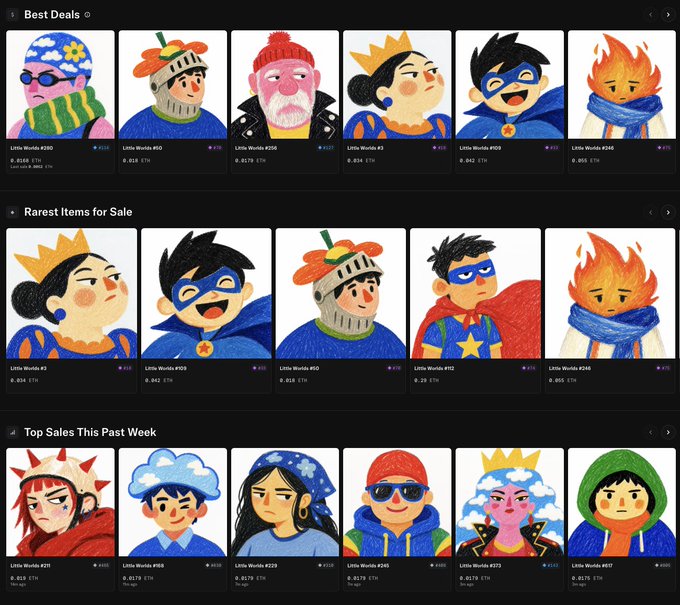 A marketplace interface displaying collections of 'Little Worlds' NFT profile pictures, categorized into 'Best Deals,' 'Rarest Items for Sale,' and 'Top Sales This Past Week,' with prices listed in ETH.