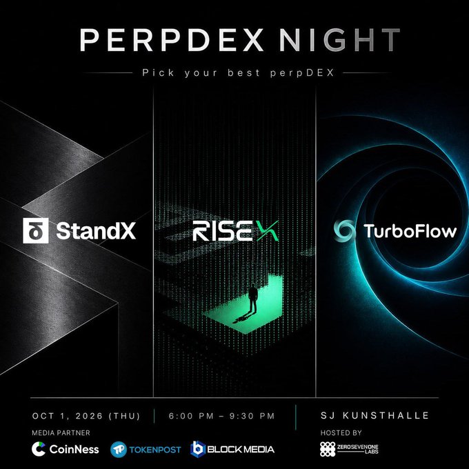 Promotional poster for 'PERPDEX NIGHT - Pick your best perpDEX' event featuring StandX, RISEX, and TurboFlow, scheduled for October 1, 2026 at SJ Kunsthalle, with media partners CoinNess, TokenPost, and Block Media.