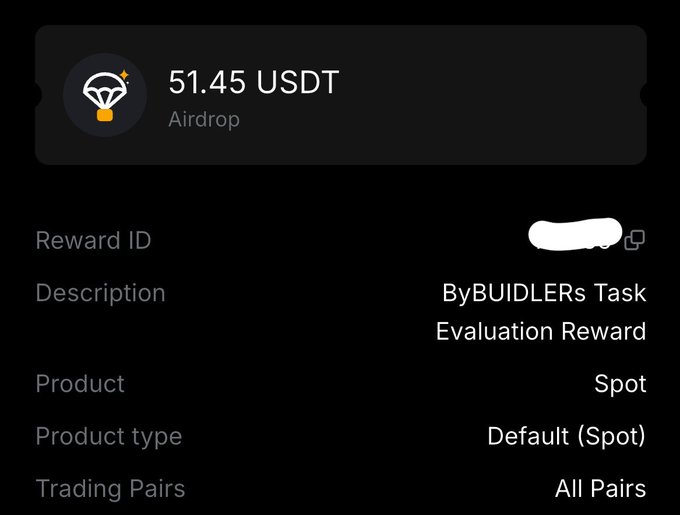 A dark-themed digital receipt showing an airdrop of 51.45 USDT for a 'ByBUIDLERs Task Evaluation Reward' on the Spot product.