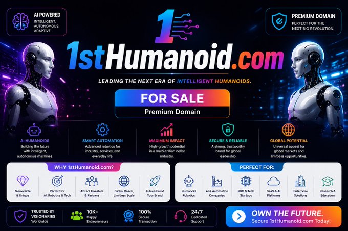 A promotional sales page for the premium domain '1stHumanoid.com', marketed as 'Leading the next era of intelligent humanoids' with a 'FOR SALE' button and AI-themed graphics.
