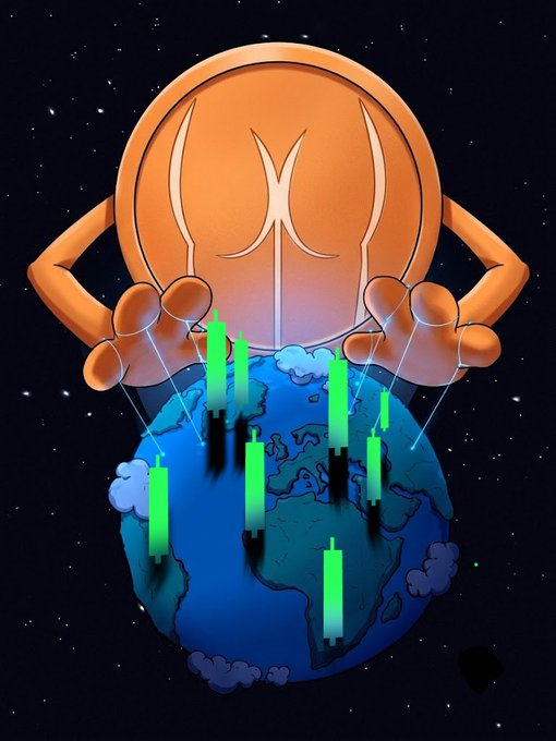 A cartoon illustration depicts the Injective (INJ) logo as a giant orange figure manipulating the Earth like a puppet, with green candlestick charts overlaying the globe.
