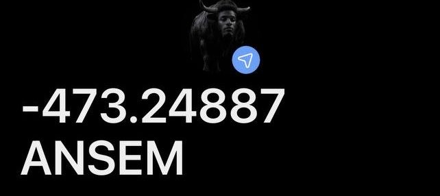 A graphic showing a black bull silhouette above the text "-473.24887 ANSEM" on a dark background, indicating a significant loss or negative balance tied to the $ANSEM token featured in the airdrop post.