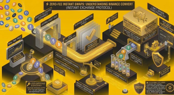 An infographic titled 'ZERO-FEE INSTANT SWAPS: UNDERSTANDING FINANCE CONVERT (INSTANT EXCHANGE PROTOCOL)' depicts a stylized isometric illustration of a crypto exchange system.