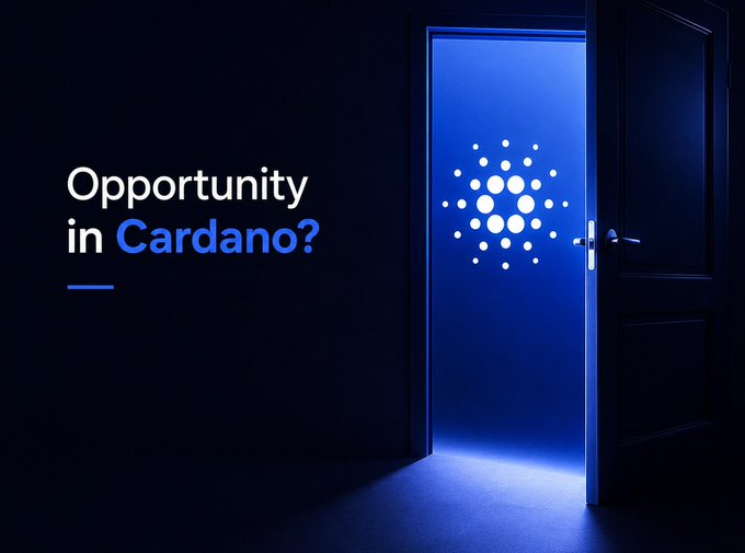 A sleek promotional graphic displays the text 'Opportunity in Cardano?' next to an open door revealing blue light and the white Cardano logo formed from dots.