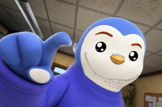 A cartoon penguin mascot in a purple sweater gives a thumbs-up, likely representing a cheerful mascot amid a post discussing market volatility, AI launches (Grok 4.5, GPT-5.6), and a France vs Morocco match.