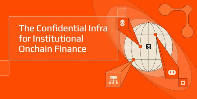 An orange promotional graphic reading 'The Confidential Infra for Institutional Onchain Finance' featuring a globe with blockchain and data icons.