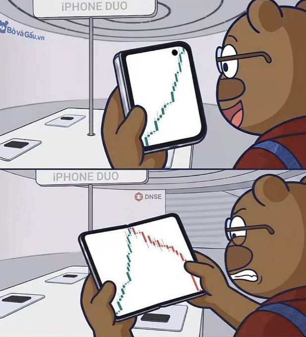 A two-panel cartoon shows a bear character at an "iPhone Duo" store, first excitedly viewing a sharply rising green stock chart, then later looking horrified as the same chart shows a steep red decline—capturing the emotional rollercoaster of mobile stock trading.