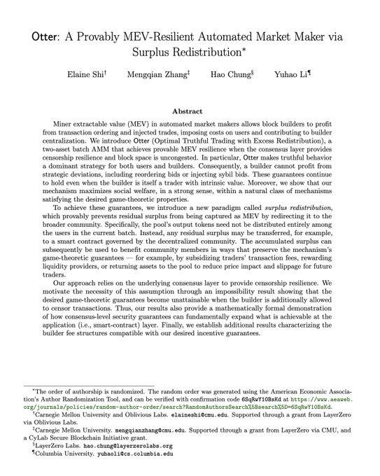 An academic paper titled 'Otter: A Provably MEV-Resilient Automated Market Maker via Surplus Redistribution' by Elaine Shi, Mengqian Zhang, Hao Chung, and Yuhao Li, focusing on cryptocurrency market maker mechanisms.