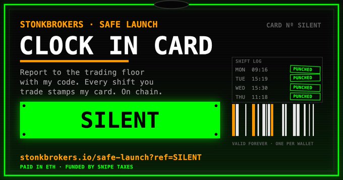 A digital 'CLOCK IN CARD' for 'STONKBROKERS · SAFE LAUNCH' features neon green accents, the name 'SILENT', a shift log showing 'PUNCHED' for Mon-Thu, and a barcode.