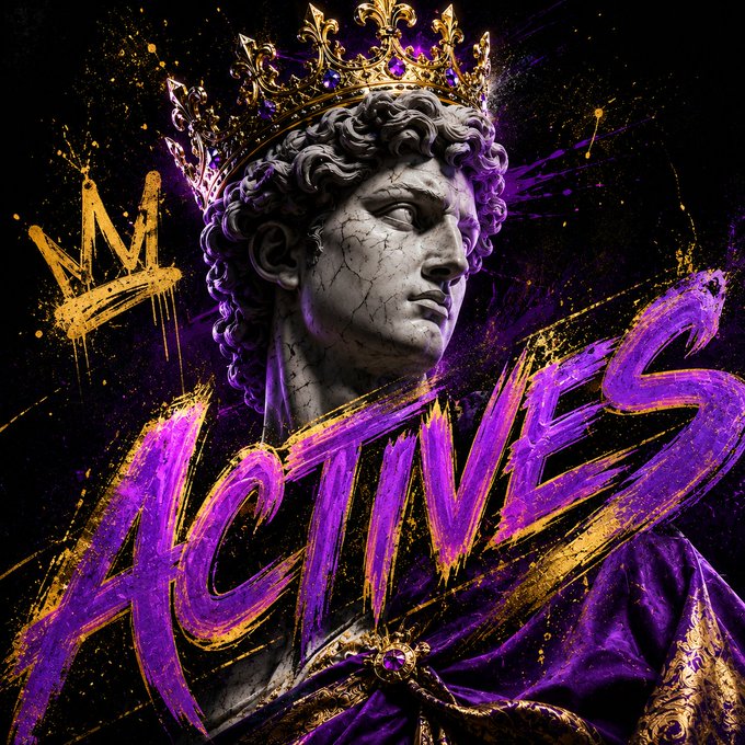 A regal statue wearing an ornate gold crown is paired with bold purple and gold graffiti-style text reading "IM ACTIVES," visually emphasizing the "2 actives" referenced in the post announcing a 0.2 SOL giveaway.