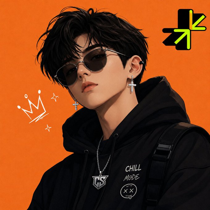 A stylized digital illustration of a stylish young man with black hair wearing sunglasses, a black hoodie reading 'CHILL MODE,' cross earrings, and a silver pendant necklace against an orange background.