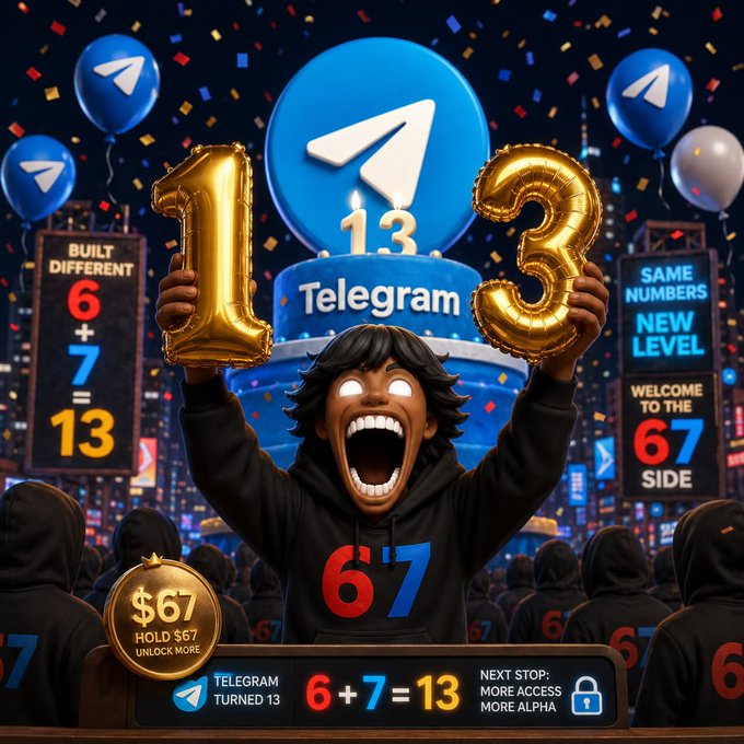 A vibrant AI-generated image celebrating Telegram's 13th anniversary with '6+7=13' math theme, featuring a person holding golden '13' balloons amid confetti and Telegram logos.