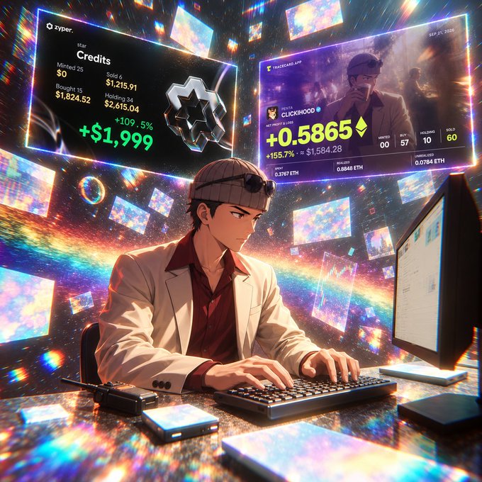 Anime-style illustration of a focused trader wearing sunglasses and a beanie, typing on a keyboard while surrounded by glowing holographic cryptocurrency trading screens showing market data and portfolio values.