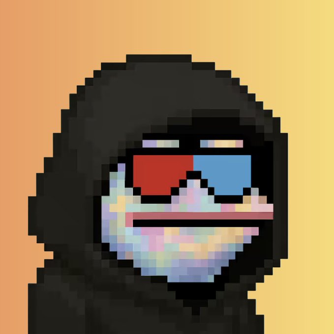A pixel art image of a dark gorilla with red and blue eyes against an orange-yellow gradient background, grinning to show sharp teeth and a colorful tongue.