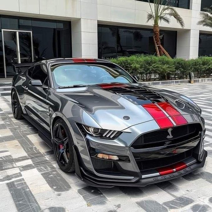 A gray Ford Mustang Shelby sports car with red racing stripes is parked on a tiled driveway in front of a modern building with palm trees.