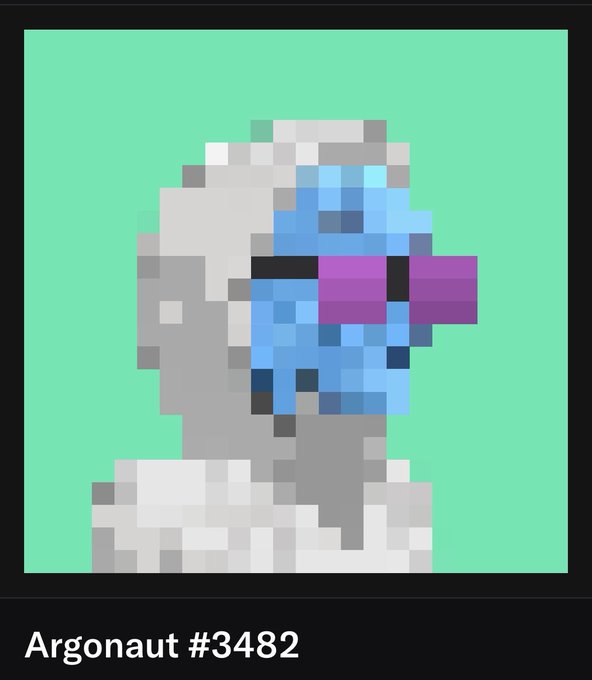A pixel-art portrait titled "Argonaut #3482" depicts a figure with a blue alien-like face and purple tongue against a teal background, representing one of only 9 Aliens in the Argonauts NFT collection that recently sold for 33 ETH.