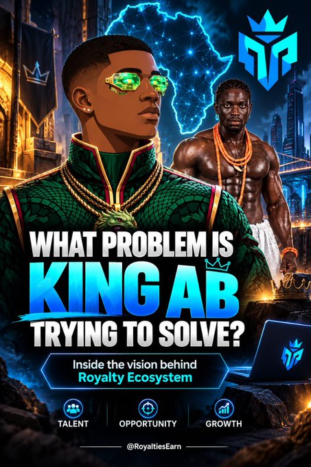 A promotional graphic for 'King AB' featuring illustrated portraits of men, with text asking 'WHAT PROBLEM IS KING AB TRYING TO SOLVE?' and 'Inside the vision behind Royalty Ecosystem'.